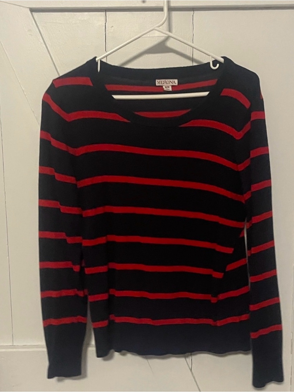 Navy and red striped crew neck sweatshirt